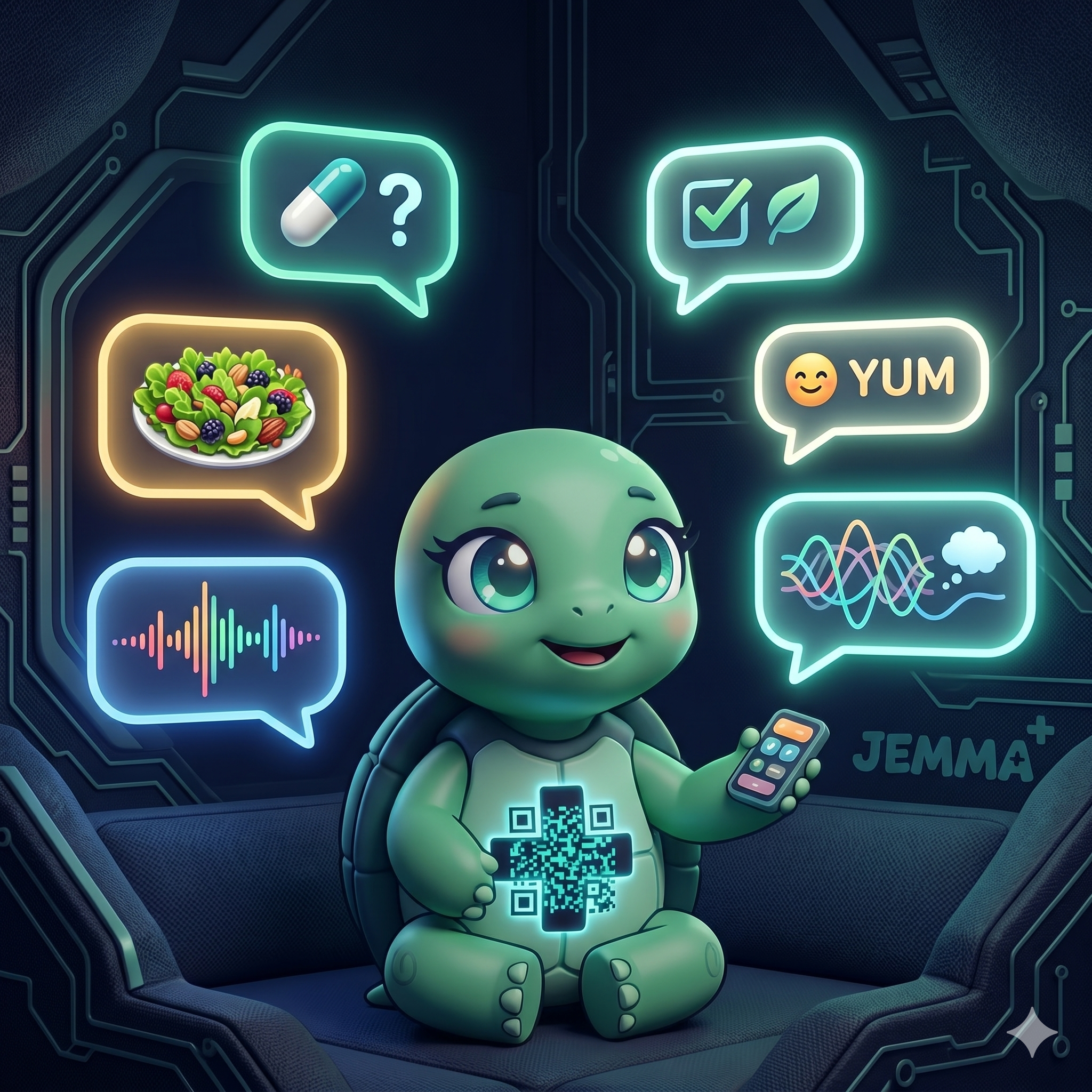 STYLE: Ultra-clean chibi 3D illustration, dark navy bg, warm chat bubble glow (teal/white). | CHARACTER: Jemma chibi turtle, glowing QR on chest. | SCENE: Jemma sits in a cozy dark space, multiple colorful chat bubbles float around her: a pill question, a food image, a voice recording waveform. She answers all simultaneously. Expression: warm, engaged, present. | NEGATIVE: Realistic, human, text overlay, watermark. | --ar 1:1 --v 6.0 --stylize 200