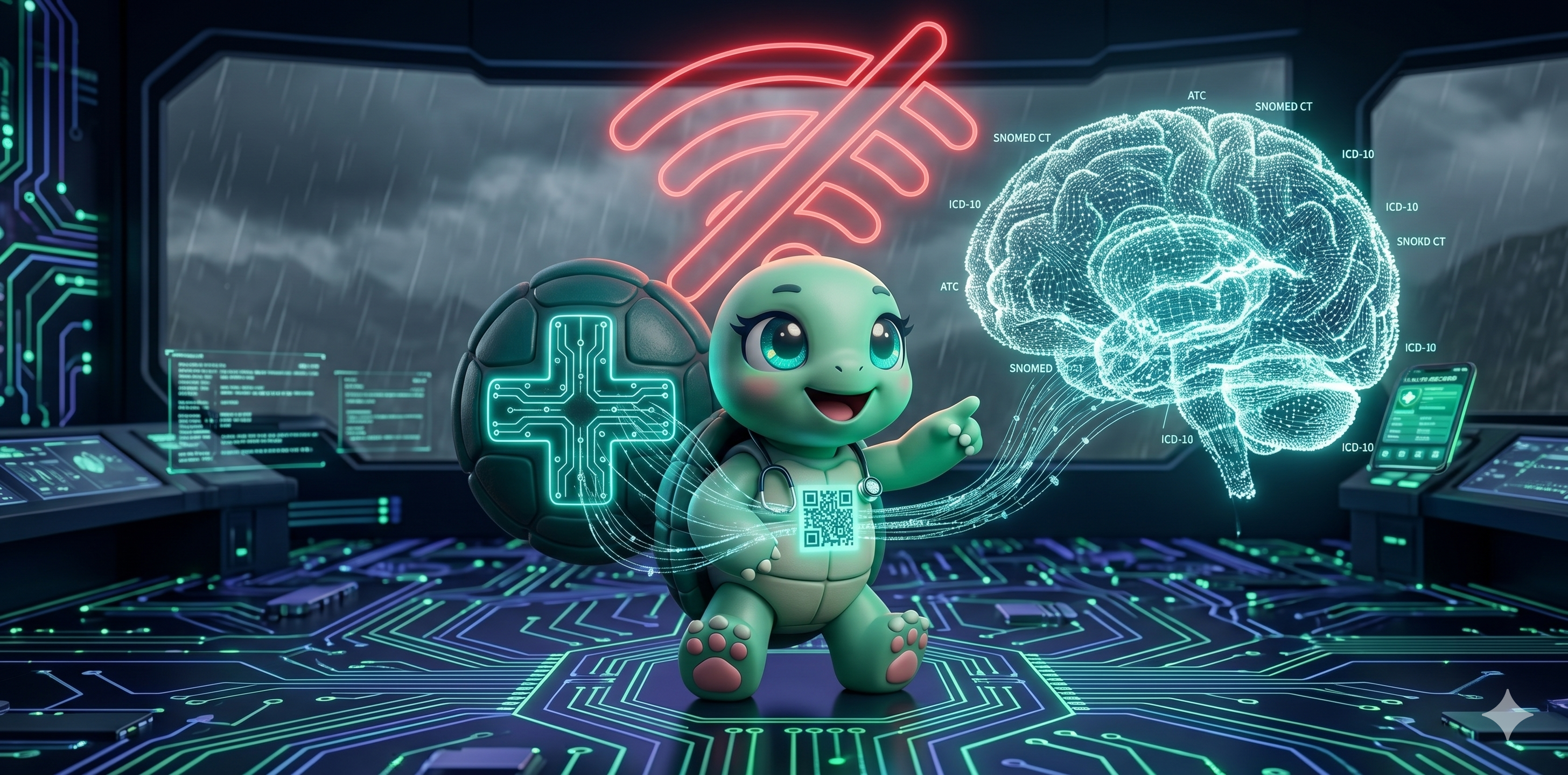 STYLE: Ultra-clean chibi 3D illustration, futuristic digital lab, indigo and emerald node-graph glow, dark background (#050911). | CHARACTER: Jemma chibi turtle, mint-green skin, large teal sparkly eyes, dark teal shell with LED cross on back, glowing QR code on front chest plastron, small paws. Miniature LED stethoscope around neck. | SCENE: Jemma in futuristic lab, front-left 3/4 pose. She points at a giant floating glowing brain made of light nodes labeled with tiny medical codes (SNOMED, ATC, ICD). Data streams from brain into her shell circuits. Chest QR code visible. Expression: excited knowledge. | NEGATIVE: Realistic photography, human face, text overlay, watermark, blurry, low quality, flat 2D, adult content, realistic turtle. | --ar 2:1 --v 6.0 --stylize 220