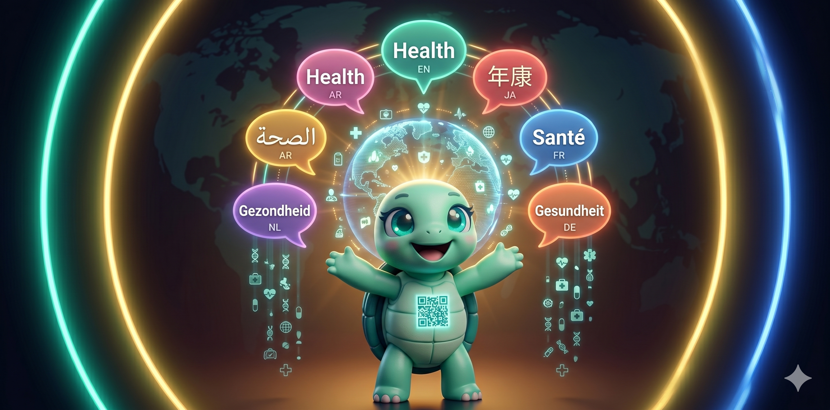 STYLE: Ultra-clean chibi 3D illustration, colorful speech bubbles, warm diverse glow, dark background with globe motif. | CHARACTER: Jemma chibi turtle, mint-green skin, large teal sparkly eyes, dark teal shell with LED cross on back, glowing QR code on front chest plastron, small paws. | SCENE: Jemma center, arms open, front pose. 6 speech bubbles orbit her head each a different color containing: 'Health' (EN), '年康' (JA), 'Santé' (FR), 'Gesundheit' (DE), 'Gezondheid' (NL), one in Arabic. A mini holographic globe rotates behind her. Chest QR glowing. Expression: joyful and open. | NEGATIVE: Realistic photography, human face, readable text labels, watermark, blurry, low quality, flat 2D, adult content, realistic turtle. | --ar 2:1 --v 6.0 --stylize 200