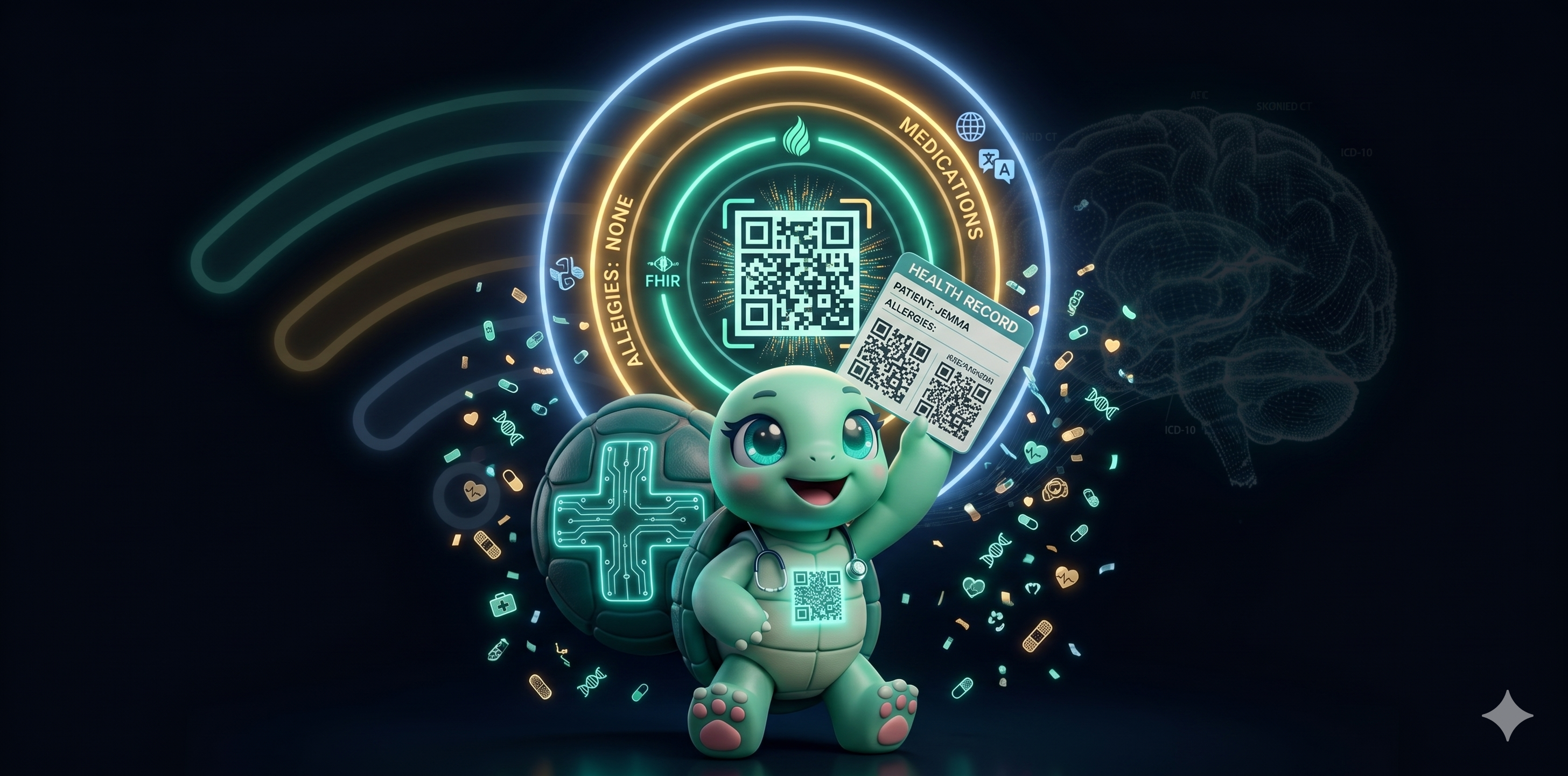 STYLE: Ultra-clean chibi 3D illustration, triumphant dramatic backlight, three-color QR halo effect, dark background (#050911). | CHARACTER: Jemma chibi turtle, mint-green skin, large teal sparkly eyes, dark teal shell with LED cross on back, glowing QR code on front chest plastron, small paws with pink pads. | SCENE: Jemma holds QR health card above her head like a trophy, front pose. Card radiates 3 glowing halos: teal/emerald (FHIR), golden amber (human text), soft blue (locale fallback). Confetti of tiny medical icons: pills, hearts, DNA. Her chest QR pulses in sync. Expression: victorious joy. | NEGATIVE: Realistic photography, human face, text overlay, watermark, blurry, low quality, flat 2D, adult content, realistic turtle. | --ar 2:1 --v 6.0 --stylize 250