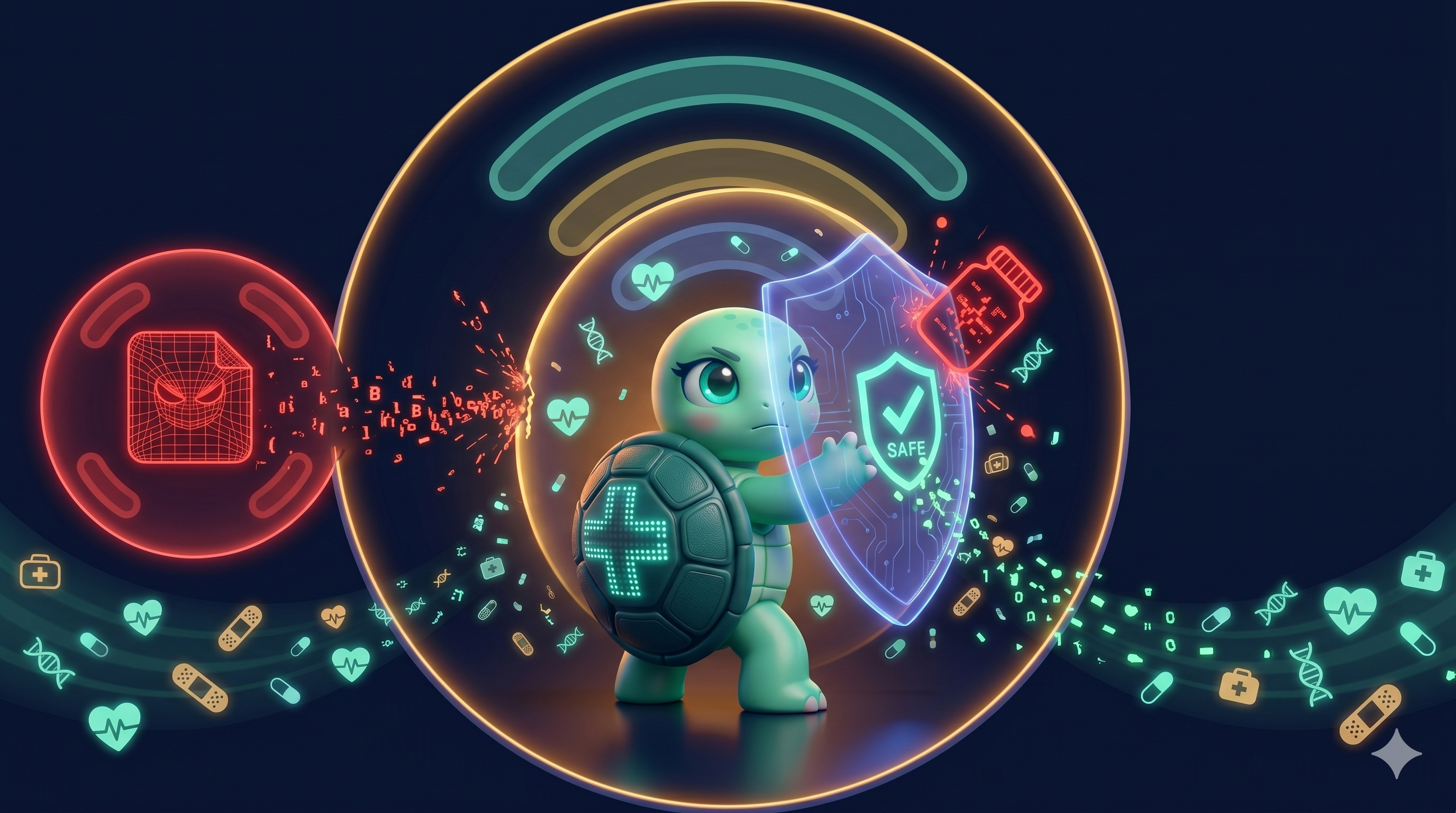 STYLE: Ultra-clean chibi 3D illustration, tight circular 1:1 composition, protective amber/indigo glow, dark navy background. | CHARACTER: Jemma chibi turtle, mint-green skin, large teal eyes, dark teal shell with LED cross. | SCENE: Jemma holds up a translucent indigo digital shield. On the other side of the shield, a red medication bottle icon bounces off harmlessly. A glowing 'SAFE' checkmark appears in teal. Expression: protective and vigilant. | NEGATIVE: Realistic, human, text, watermark. | --ar 1:1 --v 6.0 --stylize 180