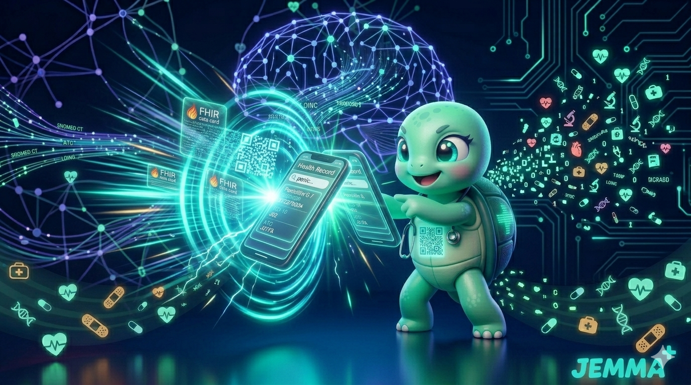 STYLE: Ultra-clean chibi 3D illustration, cinematic depth of field, dark navy background (#050911), vibrant emerald and indigo glow accents. | CHARACTER: Jemma chibi turtle, mint-green skin (#CCFFCC), large sparkling teal eyes, dark teal shell (#008080) with circuit LED cross on back, small glowing QR code on front chest plastron emitting teal light. | SCENE: Jemma leans forward in a dynamic heroic pose, tapping her Medical Smartphone against a second device. At the contact point, a powerful burst of teal light and electric NFC pulse rings radiate outward. Translucent FHIR data packets visibly travel between the devices through the light. Expression: triumphant and joyful. | NEGATIVE: Realistic photography, human face, text overlay, watermark, blurry, low quality, flat 2D cartoon, adult content, realistic turtle. | --ar 16:9 --v 6.0 --stylize 250