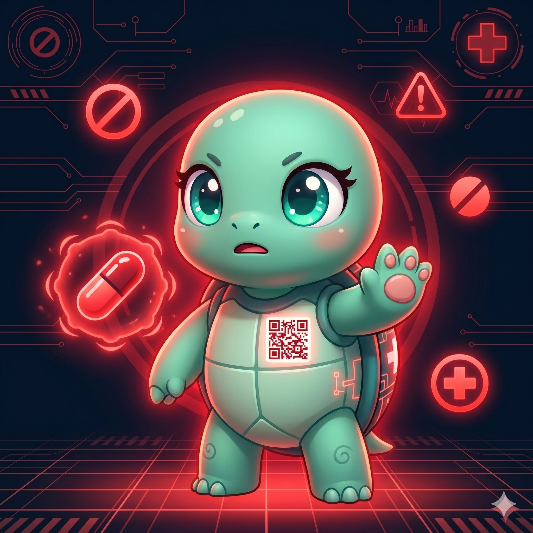 STYLE: Chibi 3D illustration, 1:1 square, dark navy bg, red warning glow. | CHARACTER: Jemma chibi turtle, glowing QR on chest. | SCENE: Jemma raises one paw in STOP gesture toward a floating pill symbol with red danger aura. Expression: alert protective. | NEGATIVE: Realistic, human, text, watermark. | --ar 1:1 --v 6.0 --stylize 140