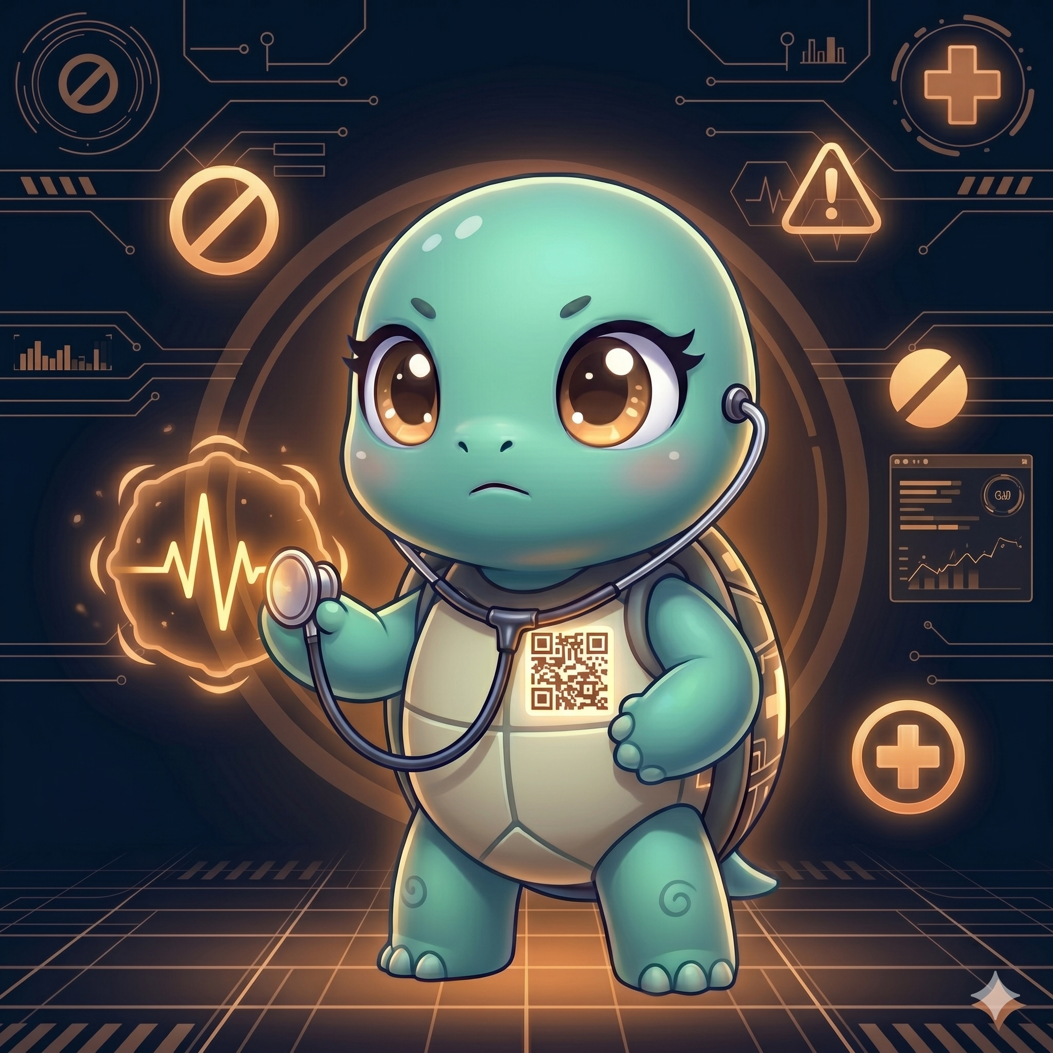 STYLE: Chibi 3D illustration, 1:1 square, dark navy bg, amber glow. | CHARACTER: Jemma chibi turtle, glowing QR on chest, miniature stethoscope around neck. | SCENE: Jemma listens to a floating glowing ECG icon. Expression: attentive. | NEGATIVE: Realistic, human, text, watermark. | --ar 1:1 --v 6.0 --stylize 140