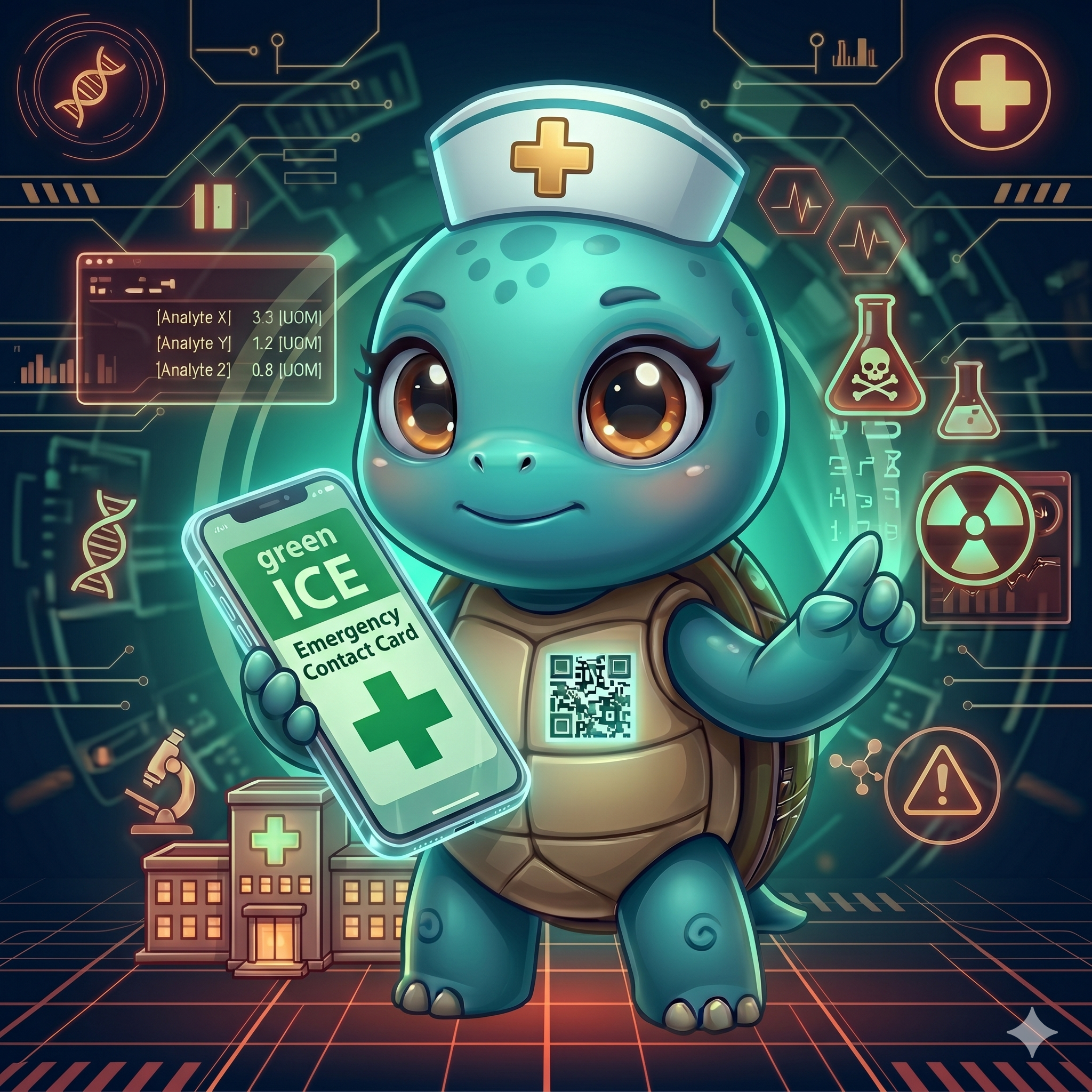 STYLE: Chibi 3D illustration, 1:1 square, dark navy bg, teal checkmark glow. | CHARACTER: Jemma chibi turtle, glowing QR on chest. | SCENE: Jemma presses her paw to a glowing consent form with a green checkmark. Expression: empowered. | NEGATIVE: Realistic, human, text, watermark. | --ar 1:1 --v 6.0 --stylize 130
