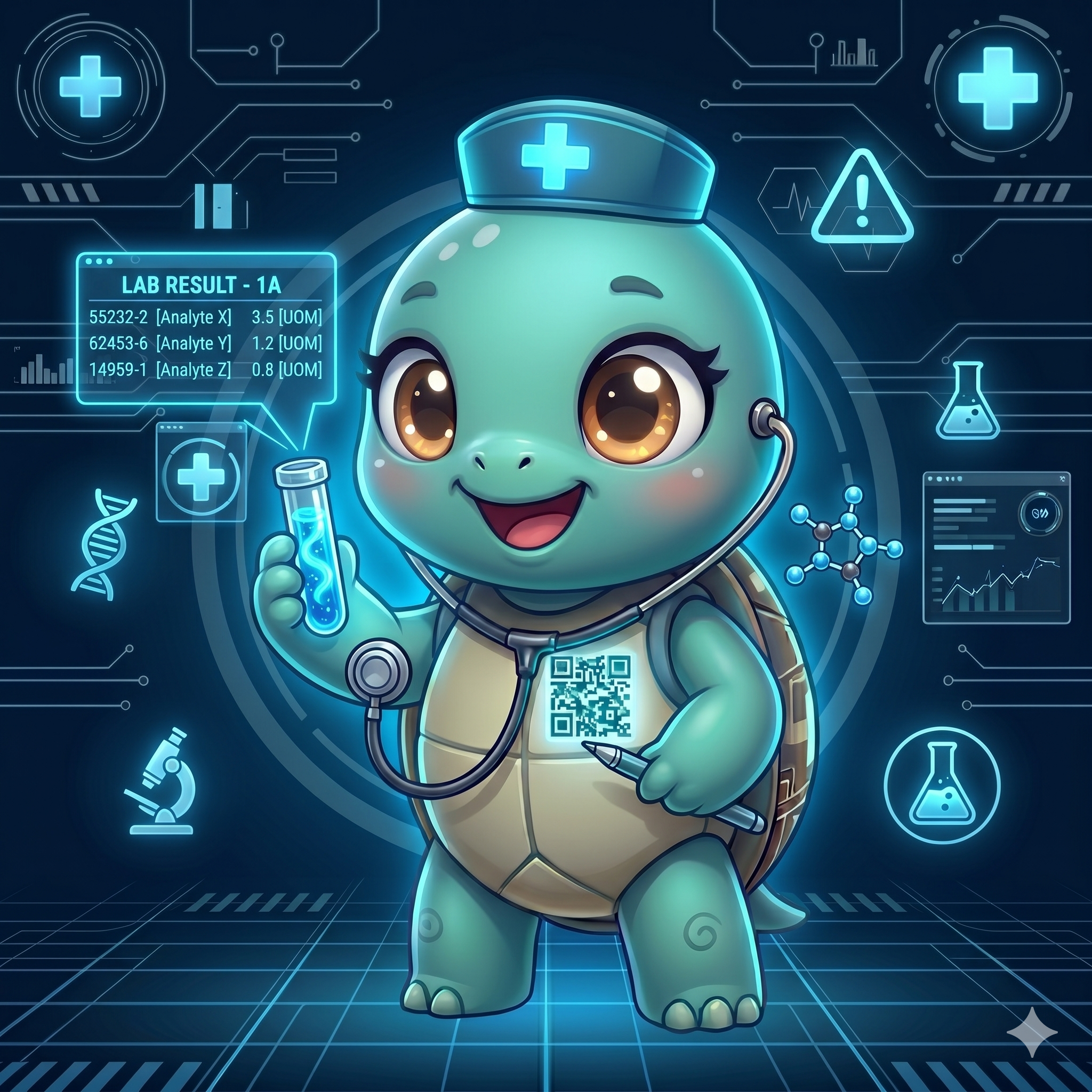 STYLE: Chibi 3D illustration, 1:1 square, dark navy bg, electric blue glow. | CHARACTER: Jemma chibi turtle, glowing QR on chest. | SCENE: Jemma holds a tiny test tube with glowing liquid. A floating lab result with LOINC codes hovers nearby. Expression: excited scientist. | NEGATIVE: Realistic, human, text, watermark. | --ar 1:1 --v 6.0 --stylize 150