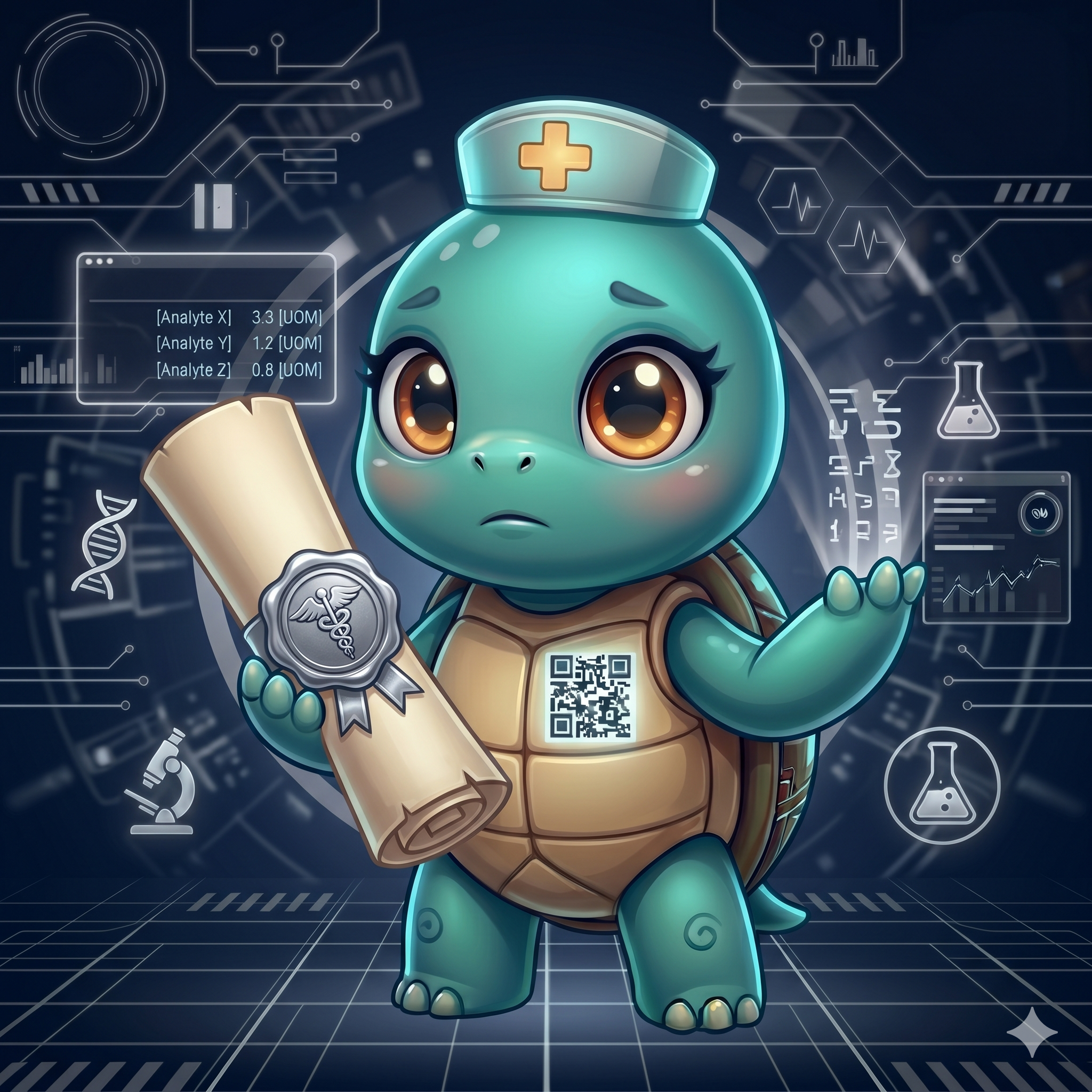 STYLE: Chibi 3D illustration, 1:1 square, dark navy bg, solemn silver glow. | CHARACTER: Jemma chibi turtle, glowing QR on chest. | SCENE: Jemma holds an official sealed scroll with dignity. Expression: serious respectful. | NEGATIVE: Realistic, human, text, watermark. | --ar 1:1 --v 6.0 --stylize 120