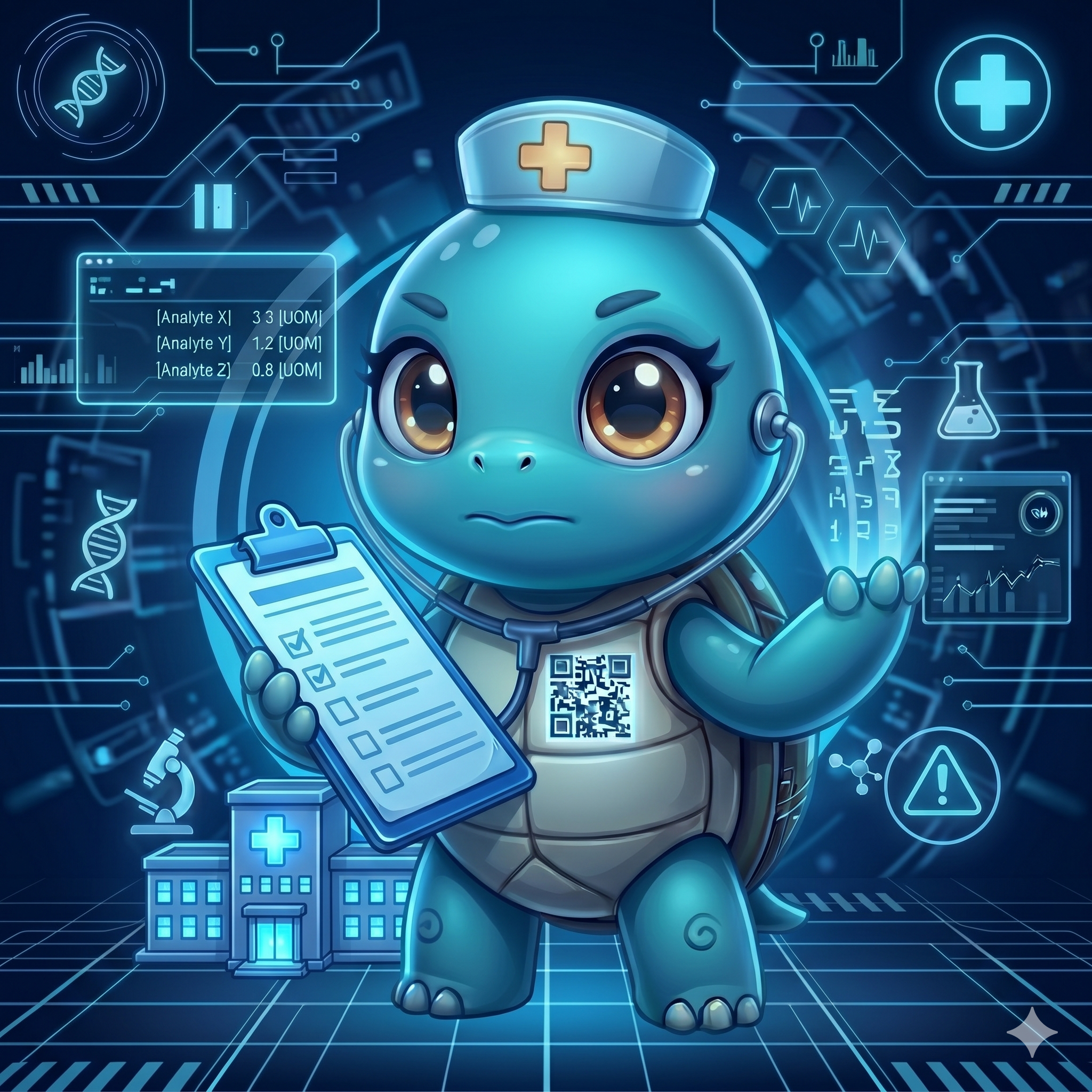 STYLE: Chibi 3D illustration, 1:1 square, dark navy bg, blue hospital glow. | CHARACTER: Jemma chibi turtle, glowing QR on chest. | SCENE: Jemma holds a clipboard in front of a small glowing hospital building. Expression: organized. | NEGATIVE: Realistic, human, text, watermark. | --ar 1:1 --v 6.0 --stylize 130