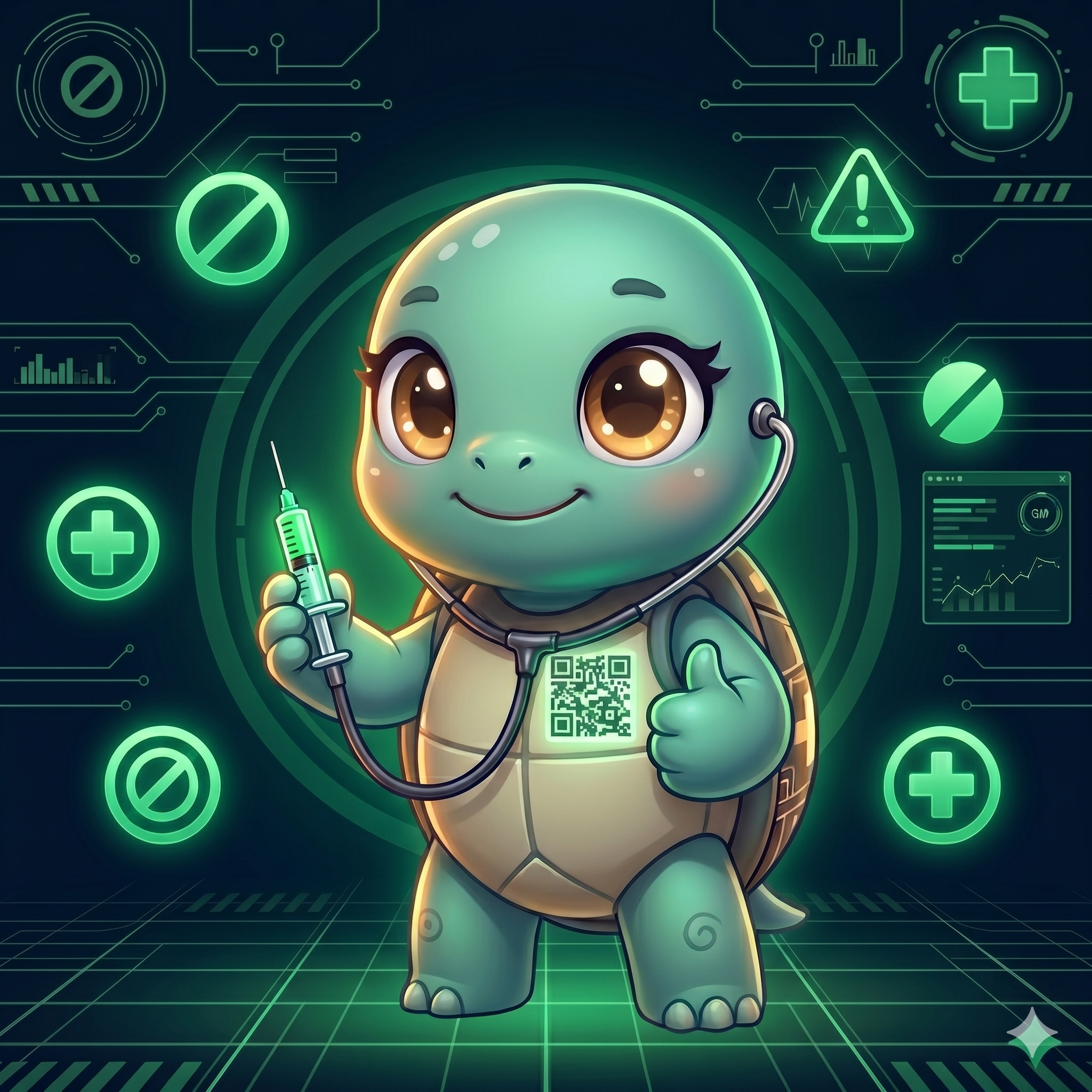 STYLE: Chibi 3D illustration, 1:1 square, dark navy bg, emerald glow. | CHARACTER: Jemma chibi turtle, glowing QR on chest. | SCENE: Jemma holds a tiny glowing syringe gently, giving a thumbs-up paw. Expression: confident joy. | NEGATIVE: Realistic, human, scary, text, watermark. | --ar 1:1 --v 6.0 --stylize 140
