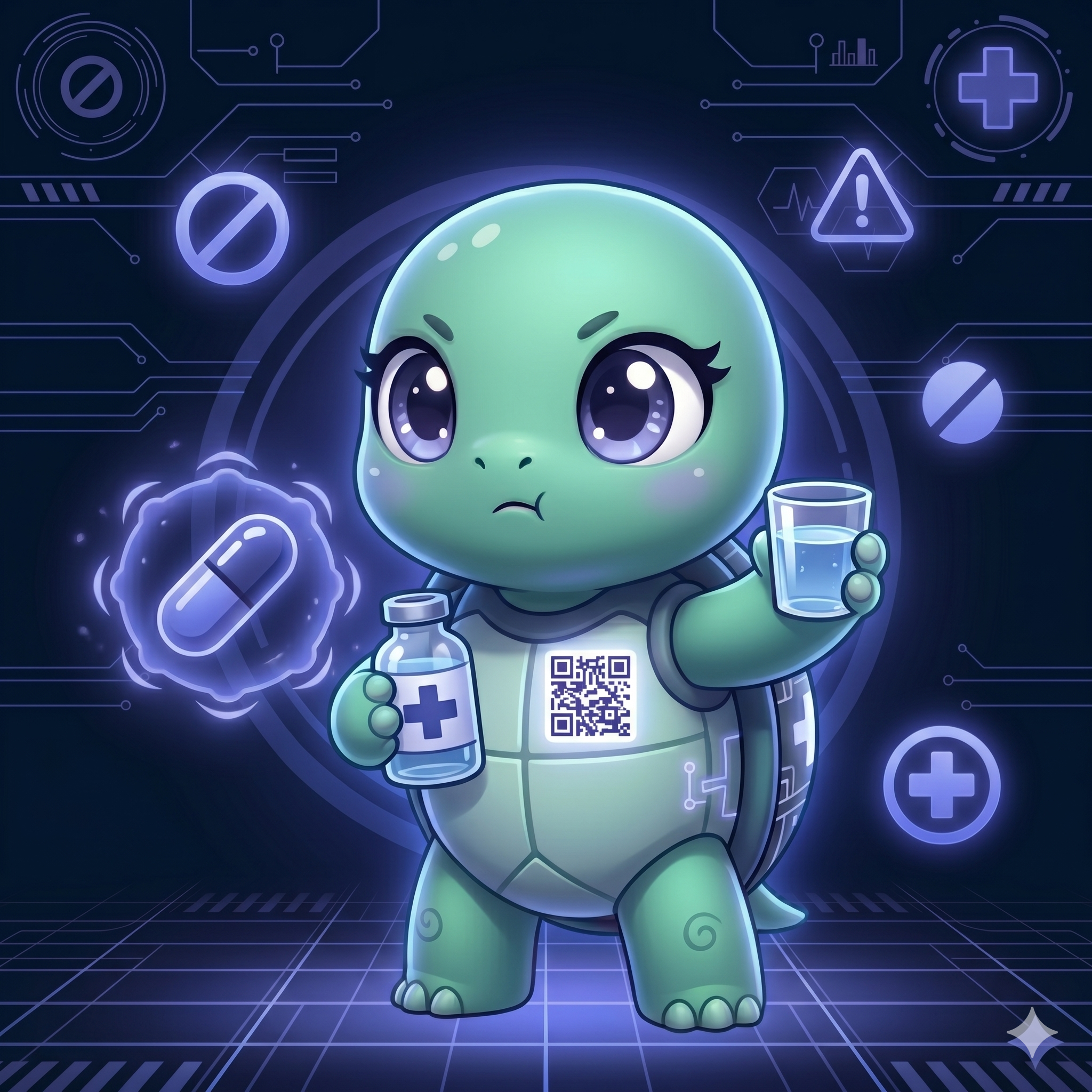 STYLE: Chibi 3D illustration, 1:1 square, dark navy bg, indigo glow. | CHARACTER: Jemma chibi turtle, glowing QR on chest. | SCENE: Jemma holds a small pill bottle and a glass of water, looking precise and careful. Expression: serious. | NEGATIVE: Realistic, human, text, watermark. | --ar 1:1 --v 6.0 --stylize 140