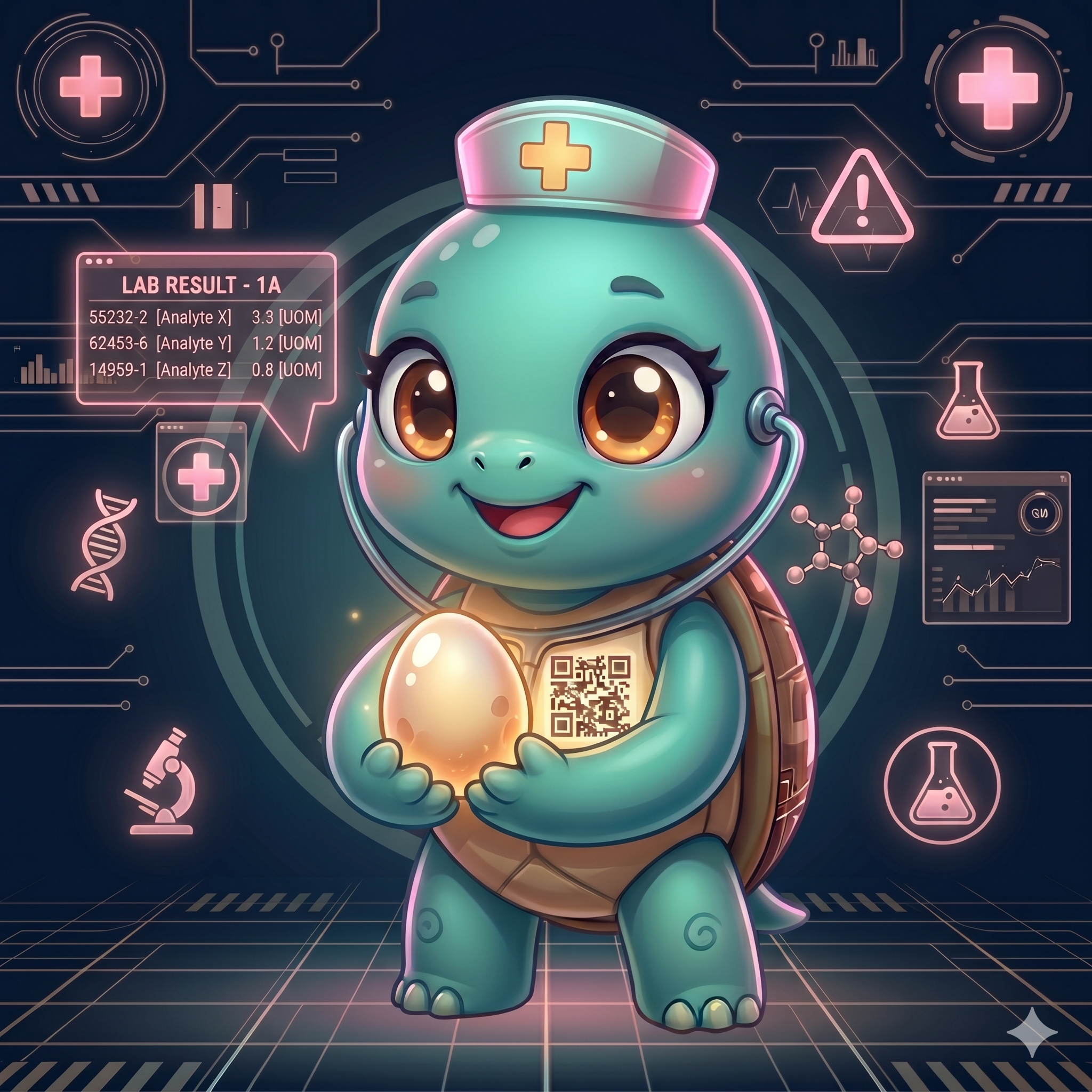 STYLE: Chibi 3D illustration, 1:1 square, dark navy bg, soft pink-teal glow. | CHARACTER: Jemma chibi turtle, glowing QR on chest. | SCENE: Jemma holds a tiny glowing baby turtle egg warmly in both paws. Expression: tender joy. | NEGATIVE: Realistic, human, text, watermark. | --ar 1:1 --v 6.0 --stylize 130