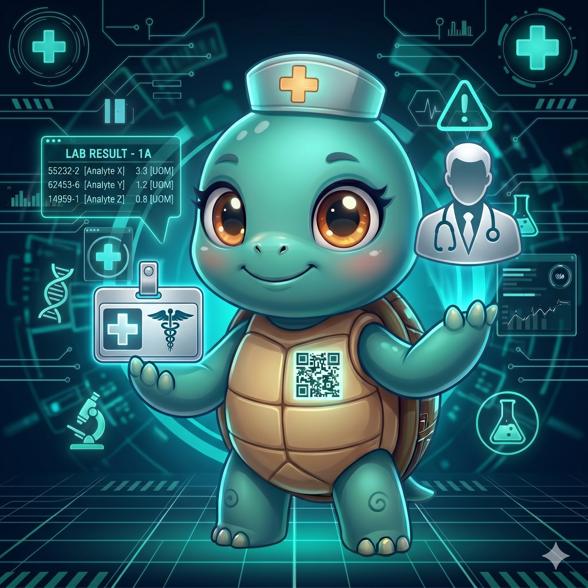 STYLE: Chibi 3D illustration, 1:1 square, dark navy bg, teal glow. | CHARACTER: Jemma chibi turtle, glowing QR on chest. | SCENE: Jemma beside a floating doctor silhouette and a glowing medical ID badge. Expression: professional trust. | NEGATIVE: Realistic, human face, text, watermark. | --ar 1:1 --v 6.0 --stylize 130