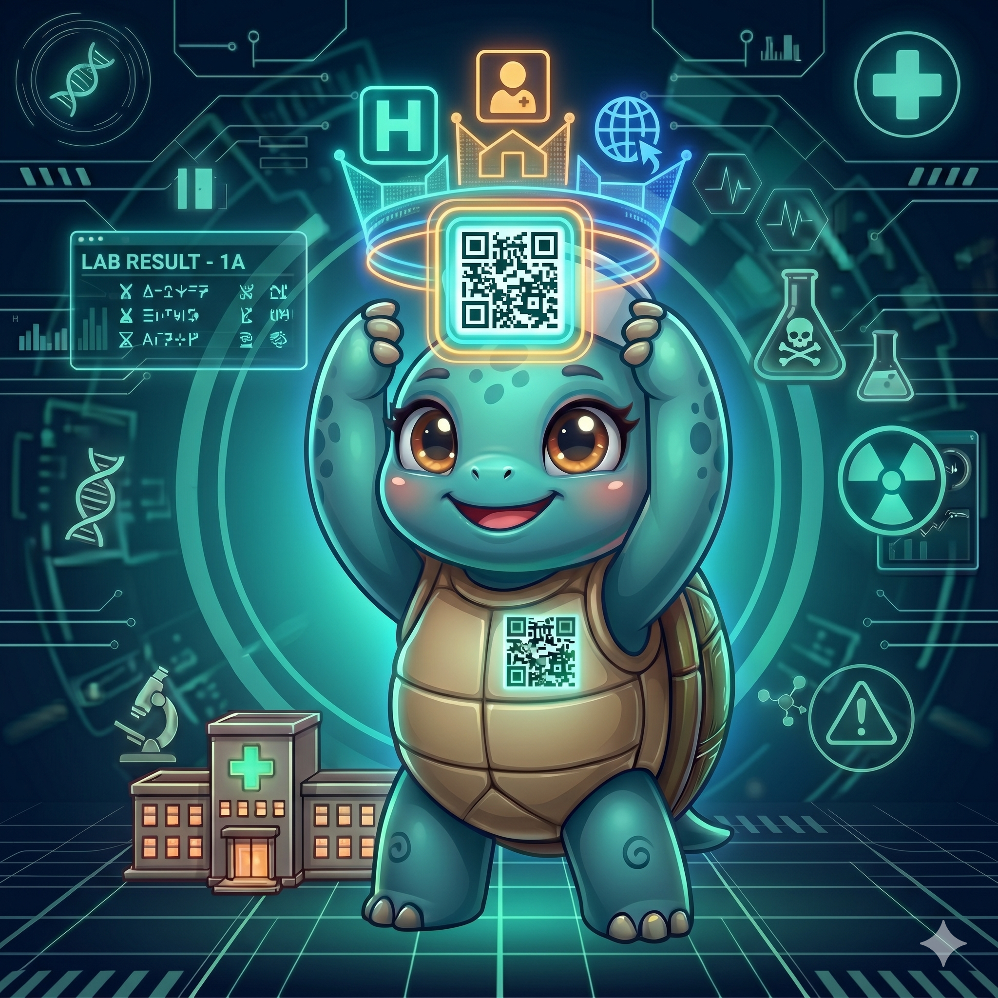 STYLE: Chibi 3D illustration, 1:1 square, dark navy bg, triple-halo teal-amber-blue glow. | CHARACTER: Jemma chibi turtle, glowing QR on chest syncing with held card. | SCENE: Jemma holds the QR health card above like a trophy, three colored halos: teal (FHIR), amber (human-readable), blue (locale fallback). Expression: triumphant. | NEGATIVE: Realistic, human, text, watermark. | --ar 1:1 --v 6.0 --stylize 150