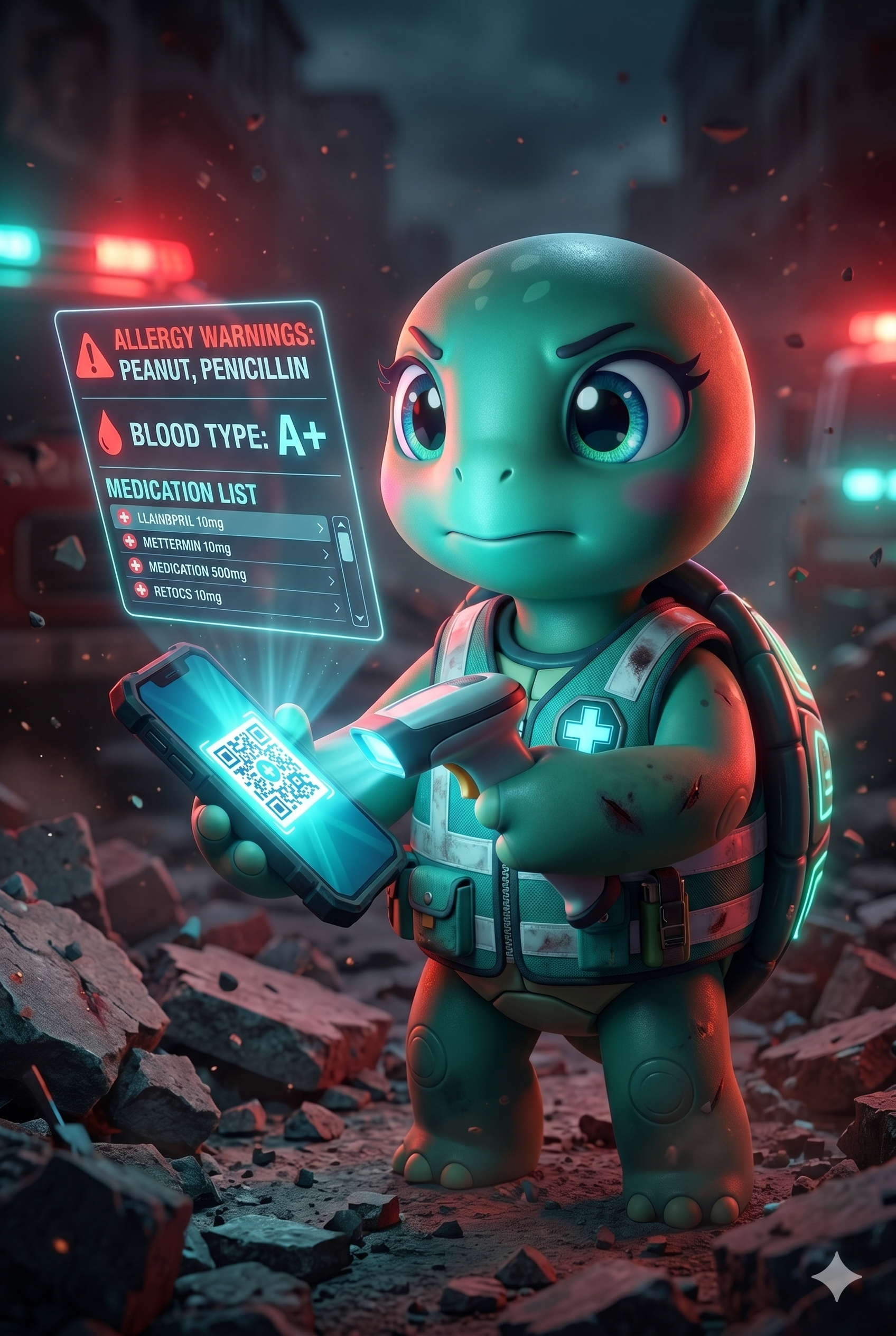 STYLE: Ultra-clean chibi 3D illustration, dramatic cinematic lighting, dark background (#050911), red and teal emergency glow, health tech aesthetic. | CHARACTER: Jemma chibi turtle, mint-green skin, large teal sparkly eyes, dark teal shell with circuit LED cross on back, small glowing QR code on front chest plastron emitting teal light, small paws with pink pads. | SCENE: Jemma in emergency first-responder mode, 3/4 front pose. She holds a glowing QR health card up toward a scanner beam. Red/teal emergency lights flash. Rubble suggests disaster setting. Holographic projection from QR card shows: ALLERGY WARNING, blood type A+, medication list. Expression: serious and focused. | NEGATIVE: Realistic photography, human face, text overlay, watermark, blurry, low quality, flat 2D cartoon, adult content, realistic turtle, gore, graphic violence. | --ar 5:3 --v 6.0 --stylize 180